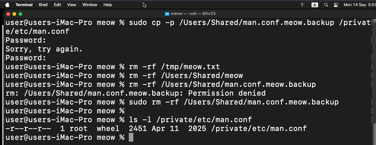 cleanup restores man.conf before removing the test files