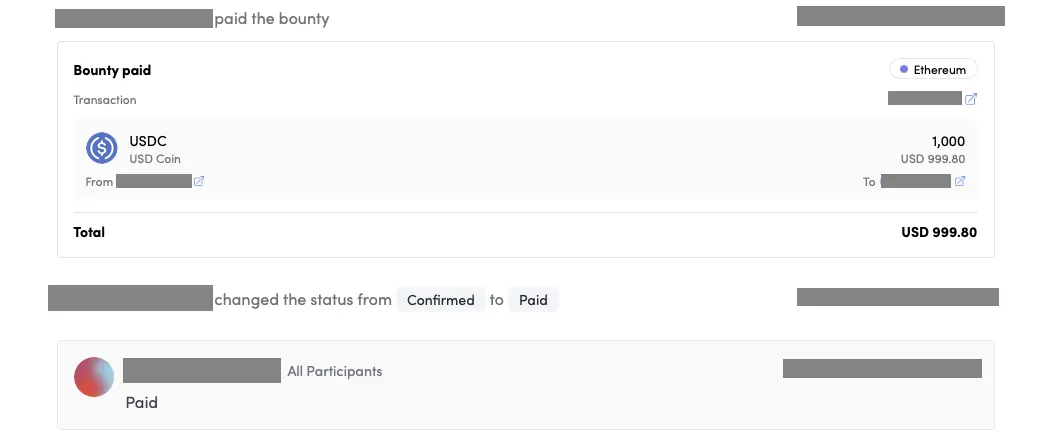 the confirmed 1,000 USDC bounty payment