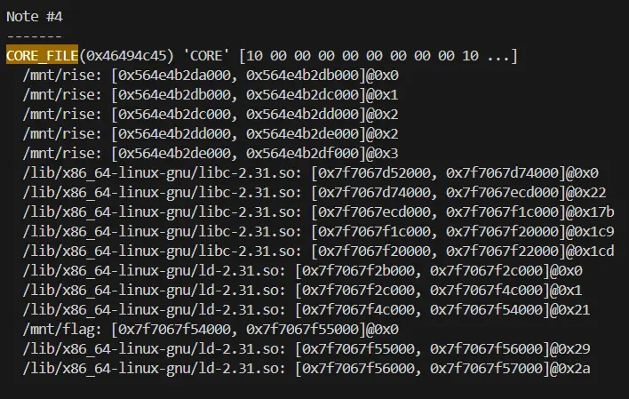 Core dump file mappings including the mapped flag file