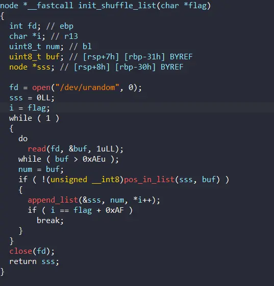 IDA decompilation of init_shuffle_list reading positions from dev urandom