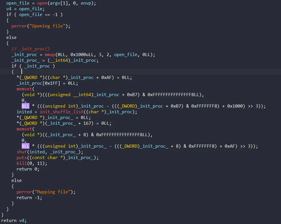 IDA decompilation of the main function mapping the file and calling the shuffle routines