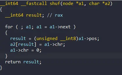 IDA decompilation of shuf writing each character to its randomized position