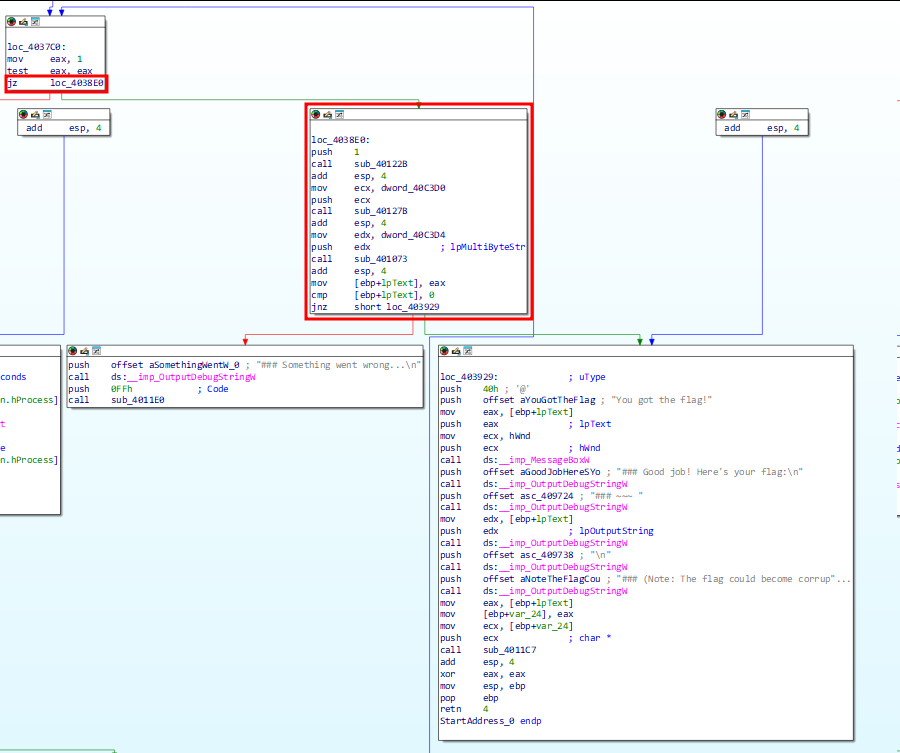 IDA graph showing the second EAX check and the path to the flag message box