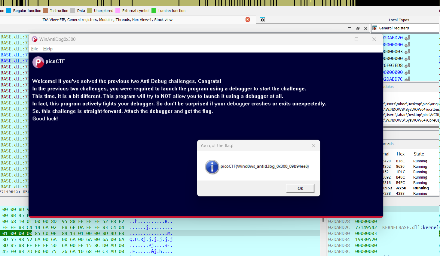 WinAntiDbg0x300 displaying the recovered picoCTF flag in a message box