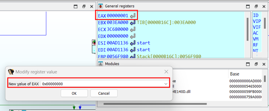 IDA register editor changing EAX from one to zero